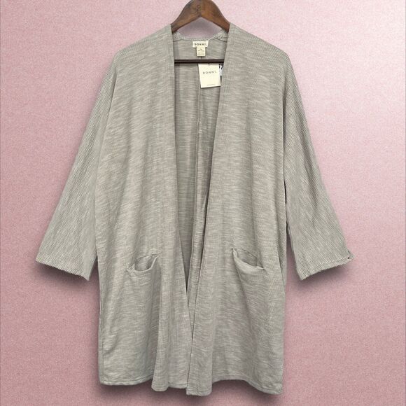 Donni Open Front Cardigan Sweater Women One Size OSFA Gray Pinstriped Pockets - Picture 1 of 11